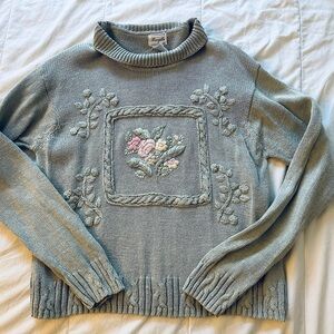 Vintage Embroidered Floral Sweater - Sage Green